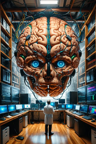 (masterpiece, best quality:1.4), In the center of the room, a colossal brain is intricately connected to advanced computers housed in the surrounding racks by millions of wires. This extraordinary Brain possesses two eyes that fixate upon us with astonishing precision, captured in a painting with unparalleled detail and resolution at K, there are two scientists who are examining the Brain,more detail XL