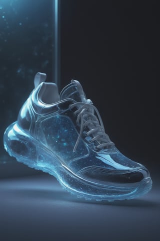extremely delicate iridiscent sneakers made of glass, Product photography of transparent sneaker shoes, Epic rendering, octanerender, atmospurate, Particle, Soft volumetric light, (The light from the back window is backlighted:1.3), (cinematic light:1.3), Complicated details, (ArtStation:1.3), Blue drifting particles, glass technology, scifi, transparent, light diffraction, beautifully and intricately detailed, ethereal glow, best quality, glass art, magical glow,DonMPl4sm4T3chXL 