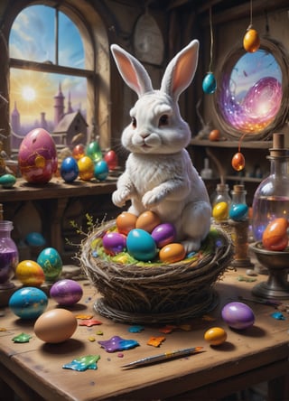 "Produce a super realistic painting in the classic painting style featuring Easterbunny crafting an incantation, (creating a little colorful magic egg in a nest:1.6), standing on an old carved table in a colorful factory laboratory. fantastic view. swirling ink, Masterpiece, (wide angle shot), warm and pleasant soft lighting, amazing sun, amazing depth of field, high detail, perfect accuracy, perfect composition. Ensure the image radiates high-quality details, capturing the essence of a whimsical and cute fluffy cute Easterbunny holding a magic egg in a colorful factory laboratory."