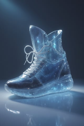 extremely delicate iridiscent sneakers made of glass, Product photography of transparent sneaker shoes, Epic rendering, octanerender, atmospurate, Particle, Soft volumetric light, (The light from the back window is backlighted:1.3), (cinematic light:1.3), Complicated details, (ArtStation:1.3), Blue drifting particles, glass technology, scifi, transparent, light diffraction, beautifully and intricately detailed, ethereal glow, best quality, glass art, magical glow,DonMPl4sm4T3chXL 