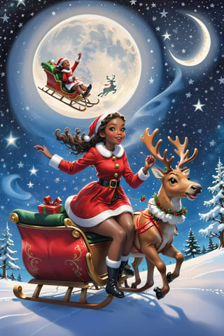 best quality, realistic, photorealistic, award-winning illustration, (intricate details: 1.2), (delicate detail), (intricate details), wonderful christmas night, polar lights, ((Dark skinned pretty girl wearing Santa's outfit is riding in her ride reindeer sleigh)), flying in to the sky, a round moon, starry sky, shooting star, Christmas night,danknis,anitoon style