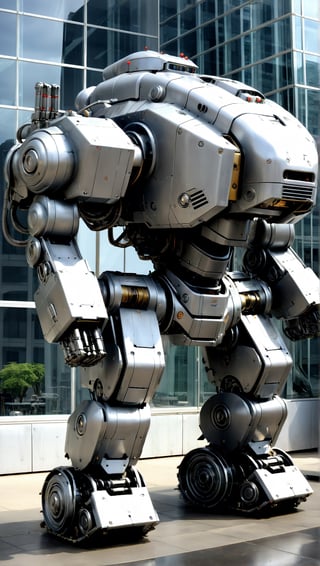 a robot with a gun in its hand, mech robot futuristic, mech shaped like a manatee, mech body, mech robot, full body mech, futuristic robot, concept robot, sci-fi mech, tank with legs, white mech bot, war robot, mech, military robot, battlemech, battle mech, tremendous mecha robot, humanoid mech, ed209, ED-209, ed 209, (dark silver dull metal alloy:1.4), (standing in front of tall glass building:1.3) with (reflection in windows:1.1), DieselPunkAI