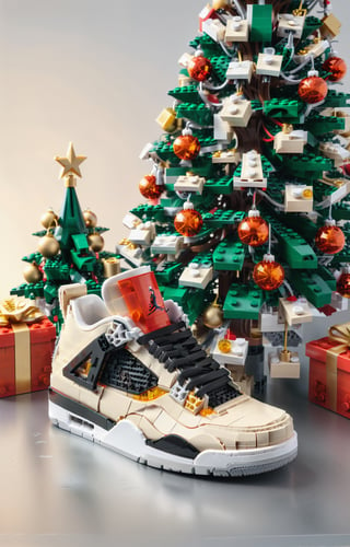 Make an pair of jordan 4 made by Lego under Lego Christmas tree and in the background to be the lego set of jordan 4, Christmas theme, highly detailed, super high resolution, 8K UHD,lego