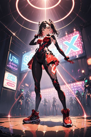 (Best quality, ultra detailed, masterpiece),  8k, super detailed, ((beautiful detailed)))1girl, hip pop clothes, Red basketball shoes, low angle shot, low angle, ground-level shot, full body, full body shot, lunge, nightclub, laser beam(Dynamic feeling:1.4),(concept art style:1.4), neon, neon sign, glowing,32k, octane render,neon style,simple background