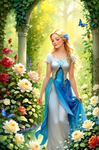 masterpiece, best quality, [detailed], [intricate], digital painting, Amidst the blooming colors and enchanting scents, an 21-year-old girl wandered through the beautiful botanical garden. Her radiant beauty matched the splendor of the flowers that surrounded her.
With her twinkling blue eyes and golden hair cascading like sunlit waterfalls, girl appeared as if she were a part of the garden's enchanting tapestry. Her laughter echoed through the pathways, as she embraced the magic of nature that enveloped her.
The botanical garden was her sanctuary—a place of solace and wonder. As she strolled through the meandering trails, she marveled at the diversity of flora, each bloom telling its own unique story.
Her love for plants was ingrained in her soul. From an early age, she found joy in nurturing her own garden at home, tending to each plant as if it were a cherished friend. Now, surrounded by the breathtaking beauty of the botanical garden, her passion blossomed even further.
She was drawn to the intricacies of every petal, every leaf, and every stem. The vibrant hues of the flowers ignited a symphony of emotions within her. With each step, she absorbed the serenity and harmony of the garden, leaving behind the worries of the outside world.
But her enchantment with the botanical garden extended beyond admiration. Armed with a small notebook and a pencil, she became an artist of nature. Sitting beside a bed of roses, she carefully sketched their delicate forms, capturing the essence of their elegance on paper.
The garden became her muse, and she spent countless hours immersed in its beauty. She painted vibrant watercolors, capturing the garden's ever-changing colors in her art. Her creations breathed life into the flowers, allowing others to experience the enchantment she found in the garden.
As she explored the winding paths, she discovered more than just flora. Birds sang melodious tunes from the treetops, and butterflies fluttered gracefully, adding to the garden's allure.