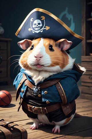 The highest image quality, "Create cute creature masterpieces with highly detailed concept art inspired by them. Let your imagination run wild", (guinea pig), highres, in 8K, The highest image quality, Pirate costume, Red and blue pirate outfit,game icon,earth \(planet\),cat