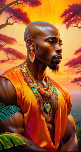 Please create a masterpiece,  (((stunningly beautiful African American man))), perfect face, bald headed, light_brown_eyes, thick lips, epic love, very muscula;r build baobab tree, overlooking the jungle below, hyper-realistic oil painting,  vibrant colors, traditional african mans garment, gold chains and bracelets,   biopunk,   dystopic,  golden light,  perfect composition, colorful sky, dripping paint,  