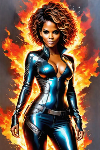 Glass crack and electrical sparkingblack fire gorgeous colourfull very beautiful mixture of halle berry and janet jackson, women full body artist in painting work, ideal body proportion, human anatomy, 