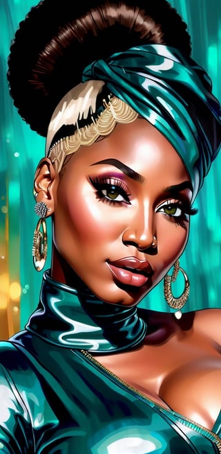 Portrait painting of a (((stunningly beautiful  black woman))), mix of nicki minaj and beyonce knowles, with hazel eyes and brown hair, close-up, 80mm digital photography, bokeh, beauty, flowy teal hair,  zoom from above, sharp focus on eyes, well blended colors,