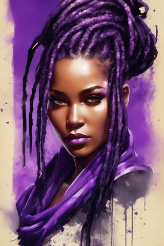 illustration, paint on old parchment paper, woman ninja, (((stunningly beautiful african woman))), long black and purple dreadlocks. 25 years old. Eyes, purple_eyes, serious and caring face, cute. Perfect lips, in the rain, wet skin. sword, xxmix_girl, detailed eyes, pretty face, wide nose, slim eyes, athletic body, toned body, nice legs, toned legs, medium breast, full body, cinematic lighting from behind, purple neon dust, purple neon glow, black ninja clothes with purple accent. futuristic hi-tech outfit, long purple neck scarf, dynamic pose, action, from below,ink scenery, black and purple colors only, pen and brush stroke, action_lines, motion_lines