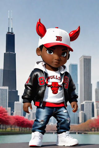 1boy, black boy, walking  ,AI_Misaki,3d figure, black jeans, white  hoodie chicago bulls style,traditional black jeans white tee shirt with the red  chicago bulls  baseball cap design, with chicago sears tower and skyline in the background