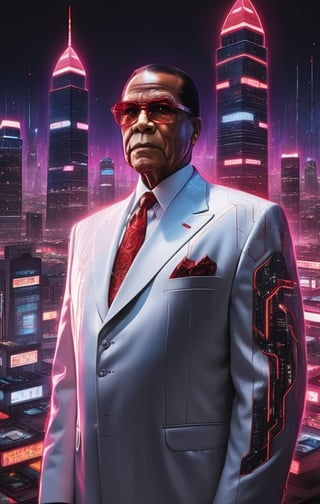 louis farrakhan standing in the heart of a neon-lit cyberpunk cityscape, donning a sleek white futuristic suit adorned with vibrant red LED lights. The lights trace intricate patterns across the suit's surface, casting an otherworldly glow. Surrounding buildings are towering skyscrapers covered in holographic advertisements and neon signs, reflecting off wet streets. The atmosphere is electric, a blend of urban chaos and technological marvel. The mood is one of determined heroism, as louis farrakhan gazes into the distance with his smile illuminated by the city's