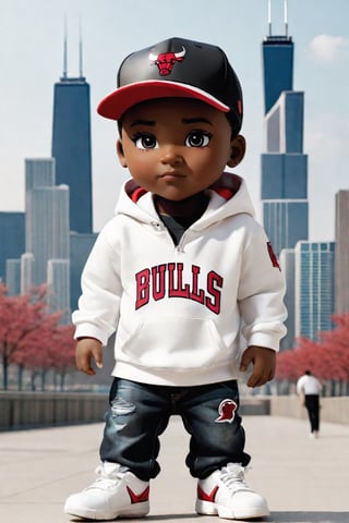 1boy, black boy, walking  ,AI_Misaki,3d figure, black jeans, white  hoodie chicago bulls style,traditional black jeans white tee shirt with the red  chicago bulls  baseball cap design, with chicago sears tower and skyline in the background