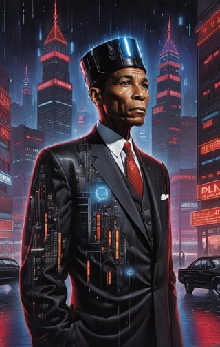elijah muhammad mid sixties standing in the heart of a neon-lit cyberpunk cityscape, wearing a fez on his head, donning a sleek black futuristic suit with bowtie and a fez adorned with vibrant red LED lights. The lights trace intricate patterns across the suit's surface, casting an otherworldly glow. Surrounding buildings are towering skyscrapers covered in holographic advertisements and neon signs, reflecting off wet streets. The atmosphere is electric, a blend of urban chaos and technological marvel. The mood is one of determined heroism, as elijah muhammad gazes into the distance with his cowl illuminated by the city's