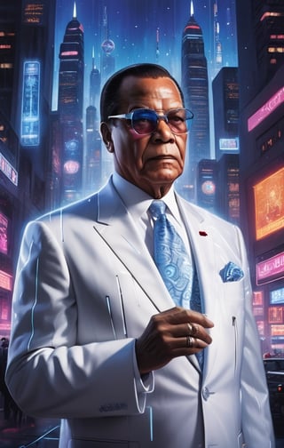 louis farrakhan standing in the heart of a neon-lit cyberpunk cityscape, donning a sleek white futuristic suit with bowtie adorned with vibrant blue LED lights. The lights trace intricate patterns across the suit's surface, casting an otherworldly glow. Surrounding buildings are towering skyscrapers covered in holographic advertisements and neon signs, reflecting off wet streets. The atmosphere is electric, a blend of urban chaos and technological marvel. The mood is one of determined heroism, as louis farrakhan gazes into the distance with his cowl illuminated by the city's
