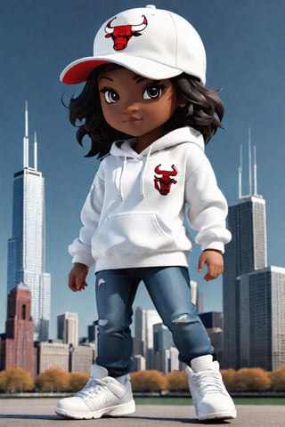 1girl, black girl, walking  ,AI_Misaki,3d figure, blue jeans, white  hoodie chicago bulls style,traditional black jeans white tee shirt with the red  chicago bulls  baseball cap design, with chicago sears tower and skyline in the background