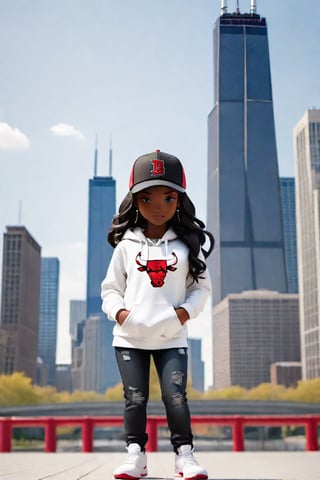 1girl, black girl, walking  ,AI_Misaki,3d figure, black jeans, white  hoodie chicago bulls style,traditional black jeans white tee shirt with the red  chicago bulls  baseball cap design, with chicago sears tower and skyline in the background