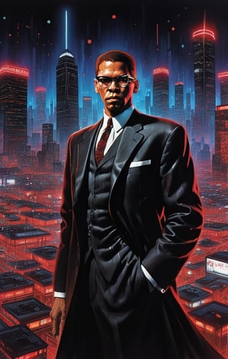 malcolm x standing in the heart of a neon-lit cyberpunk cityscape, donning a sleek black futuristic suit with bowtie adorned with vibrant red LED lights. The lights trace intricate patterns across the suit's surface, casting an otherworldly glow. Surrounding buildings are towering skyscrapers covered in holographic advertisements and neon signs, reflecting off wet streets. The atmosphere is electric, a blend of urban chaos and technological marvel. The mood is one of determined heroism, as malcolm x gazes into the distance with his cowl illuminated by the city's