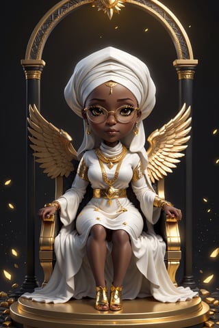 chibi, perfectly detailed fullbody potrait of(((stunningly beautiful african black woman))), perfect hands in a fist, wearing white muslim woman dress with white hijab thick gold chain around neck, sitting on a throne,
 and gold frame glasses with yellow lensefallen angel, chibi style, 3d style, AngelicStyle 