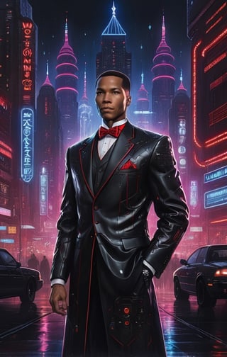elijah muhammad standing in the heart of a neon-lit cyberpunk cityscape, donning a sleek black futuristic suit with bowtie and a fez adorned with vibrant red LED lights. The lights trace intricate patterns across the suit's surface, casting an otherworldly glow. Surrounding buildings are towering skyscrapers covered in holographic advertisements and neon signs, reflecting off wet streets. The atmosphere is electric, a blend of urban chaos and technological marvel. The mood is one of determined heroism, as elijah muhammad gazes into the distance with his cowl illuminated by the city's