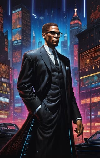 malcolm x standing in the heart of a neon-lit cyberpunk cityscape, donning a sleek black futuristic suit with bowtie adorned with vibrant blue LED lights. The lights trace intricate patterns across the suit's surface, casting an otherworldly glow. Surrounding buildings are towering skyscrapers covered in holographic advertisements and neon signs, reflecting off wet streets. The atmosphere is electric, a blend of urban chaos and technological marvel. The mood is one of determined heroism, as malcolm x gazes into the distance with his cowl illuminated by the city's