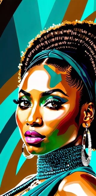 Portrait painting of a (((stunningly beautiful  black woman))), mix of nicki minaj and beyonce knowles, with hazel eyes and brown hair, close-up, 80mm digital photography, bokeh, beauty, flowy teal hair,  zoom from above, sharp focus on eyes, well blended colors,