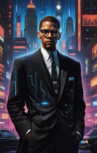 malcolm x standing in the heart of a neon-lit cyberpunk cityscape, donning a sleek black futuristic suit with bowtie adorned with vibrant blue LED lights. The lights trace intricate patterns across the suit's surface, casting an otherworldly glow. Surrounding buildings are towering skyscrapers covered in holographic advertisements and neon signs, reflecting off wet streets. The atmosphere is electric, a blend of urban chaos and technological marvel. The mood is one of determined heroism, as malcolm x gazes into the distance with his cowl illuminated by the city's