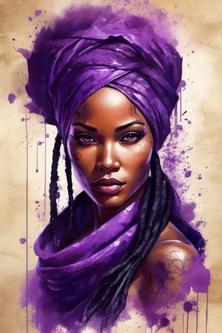 illustration, paint on old parchment paper, woman ninja, (((stunningly beautiful african woman))), long black and purple dreadlocks. 25 years old. Eyes, purple_eyes, serious and caring face, cute. Perfect lips, in the rain, wet skin. sword, xxmix_girl, detailed eyes, pretty face, wide nose, slim eyes, athletic body, toned body, nice legs, toned legs, medium breast, full body, cinematic lighting from behind, purple neon dust, purple neon glow, black ninja clothes with purple accent. futuristic hi-tech outfit, long purple neck scarf, dynamic pose, action, from below,ink scenery, black and purple colors only, pen and brush stroke, action_lines, motion_lines