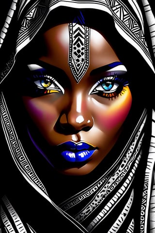 Black and white professional portrait photography of a (((stunningly beautiful african woman))), with intricate colored eyes, hyperdetailed face,  hyperdetailed eyes,  sharp focus on eyes,  8k,  80mm digital photo 