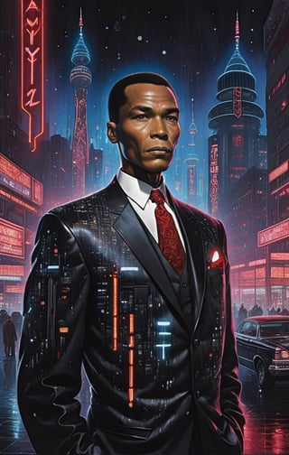 elijah muhammad mid sixties standing in the heart of a neon-lit cyberpunk cityscape, donning a sleek black futuristic suit with bowtie and a fez adorned with vibrant red LED lights. The lights trace intricate patterns across the suit's surface, casting an otherworldly glow. Surrounding buildings are towering skyscrapers covered in holographic advertisements and neon signs, reflecting off wet streets. The atmosphere is electric, a blend of urban chaos and technological marvel. The mood is one of determined heroism, as elijah muhammad gazes into the distance with his cowl illuminated by the city's