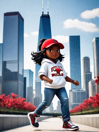 1girl, black girl, walking  ,AI_Misaki,3d figure, blue jeans, white  hoodie chicago bulls style,traditional black jeans white tee shirt with the red  chicago bulls  baseball cap design, with chicago sears tower and skyline in the background