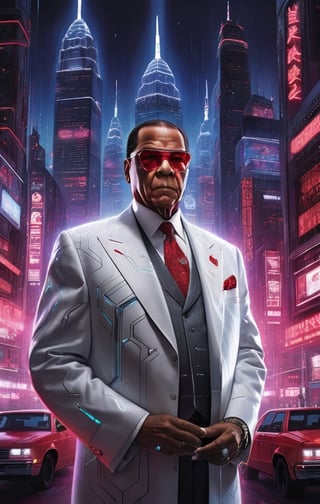 louis farrakhan standing in the heart of a neon-lit cyberpunk cityscape, donning a sleek white futuristic suit adorned with vibrant red LED lights. The lights trace intricate patterns across the suit's surface, casting an otherworldly glow. Surrounding buildings are towering skyscrapers covered in holographic advertisements and neon signs, reflecting off wet streets. The atmosphere is electric, a blend of urban chaos and technological marvel. The mood is one of determined heroism, as louis farrakhan gazes into the distance with his cowl illuminated by the city's