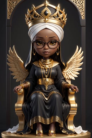 chibi, perfectly detailed fullbody potrait of(((stunningly beautiful african black woman))), perfect hands in a fist, wearing kinte cloth muslim woman dress with white matching hijab, thick gold chain around neck, sitting on a throne,
 and gold frame glasses with yellow lensefallen angel, chibi style, 3d style, AngelicStyle 