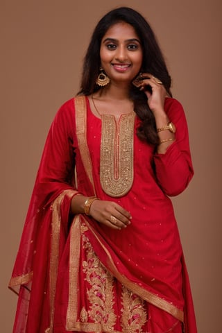 20 year old indian woman,  thick waist, long curly brown hair, gold jewels, front view, movie scene, cinematic, high-quality, ultra-detailed, professionally color graded, professional photography.  ( hard light:1.2), (volumetric:1.2), well-lit, double exposure, award-winning photograph, dramatic lighting, dramatic shadows, illumination, long shot, wide shot, full body, at studio, smart watch on left hand, happy_face, Fast shutter speed, 1/1000 sec shutter, golden_jewelry, embroidered traditional indian dress, , salwar, red cloth, sleeveless, dark background