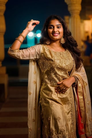 20 year old indian woman,  thick waist, long curly brown hair, gold jewels, front view, movie scene, cinematic, high-quality, ultra-detailed, professionally color graded, professional photography.  ( hard light:1.2), (volumetric:1.2), well-lit, double exposure, award-winning photograph, dramatic lighting, dramatic shadows, illumination, long shot, wide shot, full body, at beach, smart watch on left hand, happy_face, Fast shutter speed, 1/1000 sec shutter, golden_jewelry, embroidered traditional indian dress, , new year night,salwar, hand_up, sleeveless