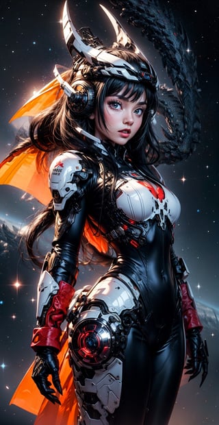 a girl, thunder yellow jacket, tight suit,Space helm of the 1960s,and the anime series G Force of the 1980s,Darf Punk wlop glossy skin, ultrarealistic sweet girl, space helm 60s, holographic, holographic texture, the style of wlop, space, red-black hair, very_long_hair, big_boobs, ,dragon ear