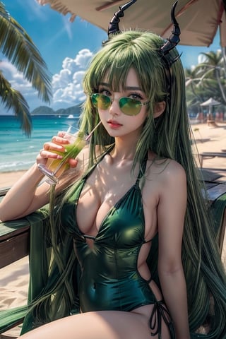 (best quality, masterpiece, ultra quality), long green hair, green_eyes, 2 tiny demon horns, green one piece swimsuit, wearing green sunglasses, UHD quality, inboxDollPlay set Quiron, beach background, sun bathing, sipping on tropical drink, 