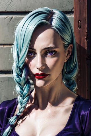 (photorealistic:1.5), anime style, closed mouth:1.0, red lips, pale skin, realistic skin, blue dress, detailed pupil,  , blue haired, solo, standing,Detailedface,,zenin_maki,ASU1,meidef,meimeidef,purple eyes, long hair, braid