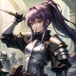 girl, knight, purple hair, brown eyes, good quality, green armor, mouth shut, small earring, long hair in ponytail, light skin, holdin sword by handle