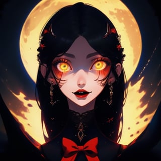 girl, Perfect anatomy, masterpiece, top quality, extrem, perfecteyes, amber eyes, black hair, portrait, vampire, red bow, dress, tight cloths, night, moon, pointed teeth, long hair,