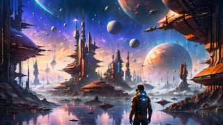 portrait+ style, citizens living in an orbital space city surrounding an inhabited planet. Hard science fiction, high resolution, dark blue sunset sky, water reflections, futuristic technology, mysterious fog, muffled silence
