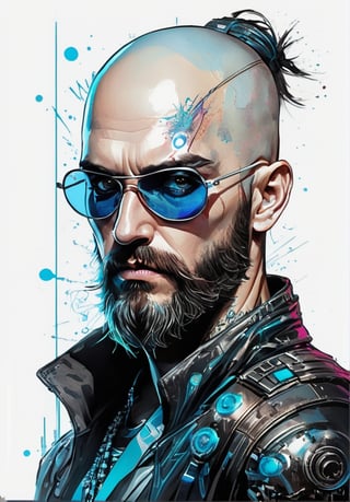 art sticker, extremely beautiful bald and bearded man with eyepatch, fantasy character, soul, digital illustration, black and neon laser blue, comic book style, atomicpunk noir, perfect anatomy, centered, approaching perfection, dynamic, highly detailed, watercolor painting, artstation, concept art, soft, sharp focus, illustration, (((white background))), art by Carne Griffiths and Wadim Kashin,,cyberpunk style