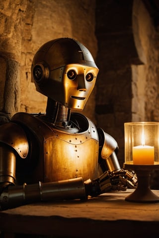 A nostalgic portrait of [robot] in a Medieval setting, captured with Portrait Photography from a Medium Shot angle. The scene is illuminated by Candlelight, featuring a Sepia color palette and Soft textures, creating a warm and evocative atmosphere, , summer time, high quality,eyes shoot