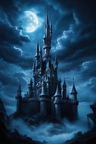 A mysterious castle in the style of Gothic art with an aerial viewpoint, RAW Photo, Disney incorporated, highly rendered realistic, threatning clouds, intricate background, fantasy horror art, photorealistic dark concept art, in style of dark fantasy art, detailed 8k horror artwork, blue tints, darkart