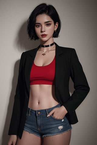 photography of a 20yo woman, masterpiece, black short hair, RED crop top with blazer star choker, daisydukes
,photorealistic,analog,realism, A confident woman exuding empowerment and strength, inspiring those around her.