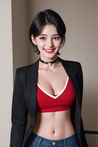 photography of a 20yo woman, masterpiece, black short hair, RED crop top with blazer star choker, daisydukes
,photorealistic,analog,realism, A radiant girl beaming with a genuine smile, spreading joy and positivity wherever she go,