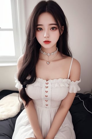 photography of a 20yo woman, masterpiece, whole dress, heart choker,hair_style,  whole body
,photorealistic,analog,realism, A compassionate girl with a heart full of love, spreading warmth and affection to those around her.