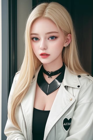 photography of a 20yo woman, masterpiece, black jacket, heart choker, blonde_hair
,photorealistic,analog,realism, A compassionate girl with a heart full of love, spreading warmth and affection to those around her.