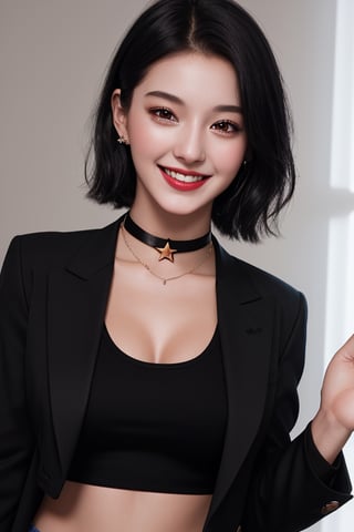 photography of a 20yo woman, masterpiece, black short hair, RED crop top with blazer star choker, daisydukes
,photorealistic,analog,realism, A radiant girl beaming with a genuine smile, spreading joy and positivity wherever she go,
