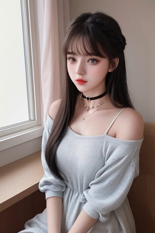photography of a 20yo woman, masterpiece, casual dress, heart choker,hair_style,  whole body
,photorealistic,analog,realism, A compassionate girl with a heart full of love, spreading warmth and affection to those around her.